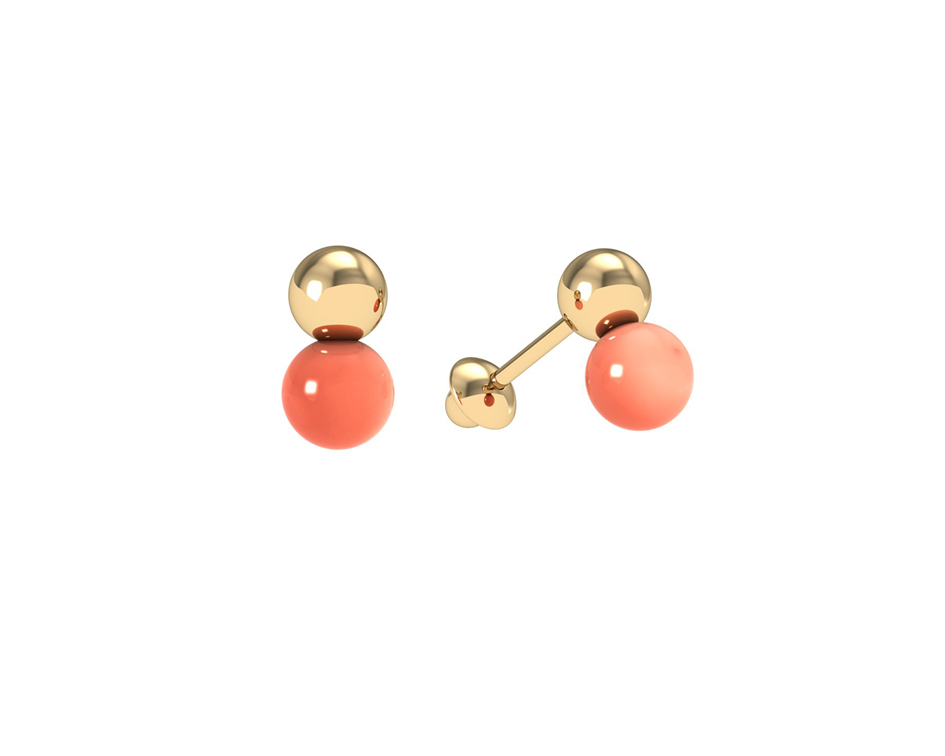 [074750] Brinco Duplo Bola 3,50mm com Coral 0,55g Ouro Amarelo 18k - Coleção Kids