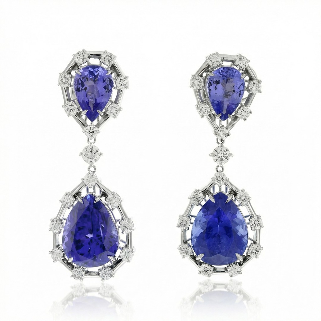 Brinco Faca Tanzanita Gota 39,05ct 34 Brilhantes 3,52ct g H VS1 VS2 27,38g Ouro Branco 18k - Coleção Thalassa
