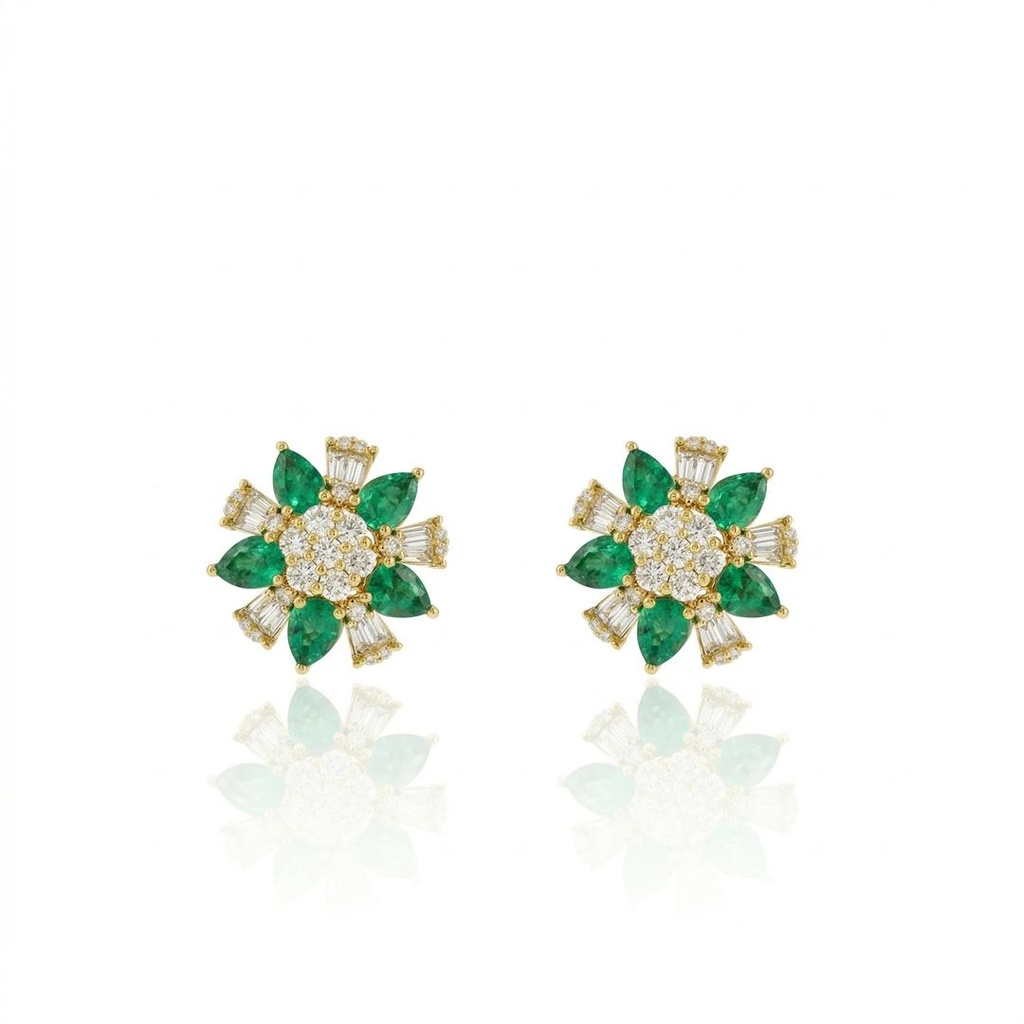 [077171] Brinco Flor 10 Esmeraldas Gota 1,34ct 44 Brilhantes 0,42ct 3,73g Ouro Amarelo 18k - Coleção Brazilian Emerald