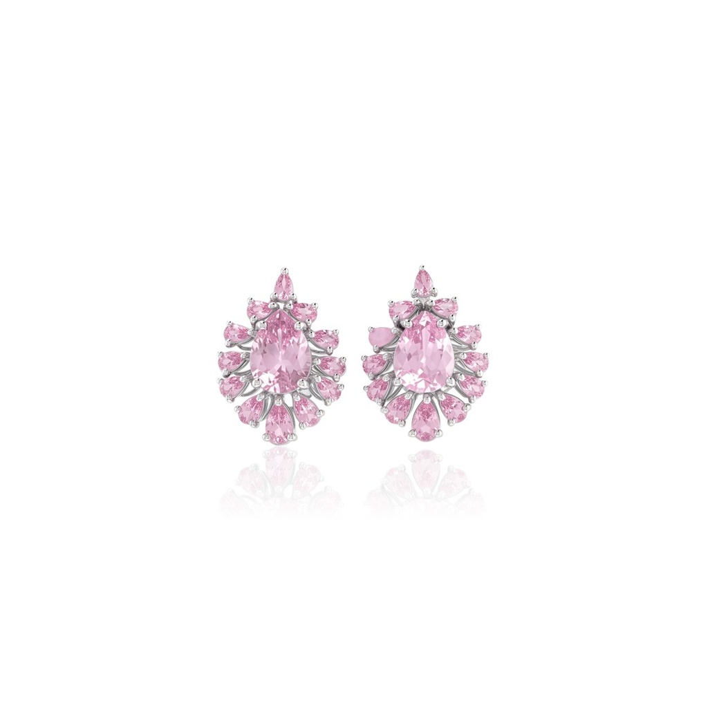 [076989] Brinco Gota 2 Kunzitas Gota 4,64ct 24 Safiras Rosas 2,50ct 8,50g Ouro Branco 18k - Coleção True Colors