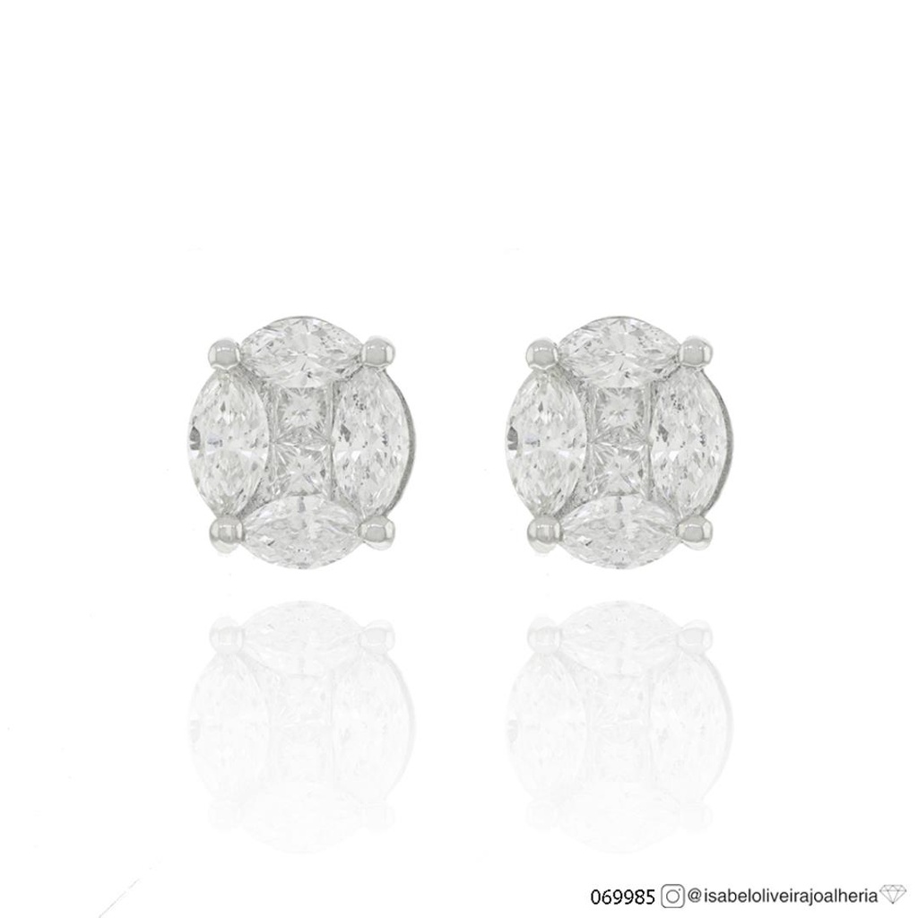 Brinco Invisible 8 Diamantes Navete 1,30ct e 4 Diamantes Princess 0,26ct em Ouro Branco 18k