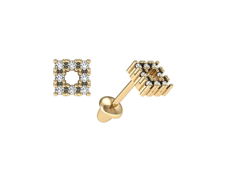 [054967] Brinco Quadrado 16 Brilhantes 0,08ctj SI1 0,50g Ouro Amarelo 18k - Coleção Kids