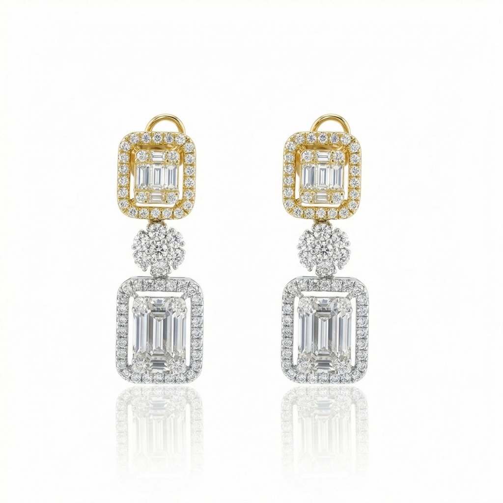 Brinco Quadrado Baguete Centrais 0,97ct Brilhantes 1,36ct 7,08g Ouro Amarelo e Ouro Branco 18k