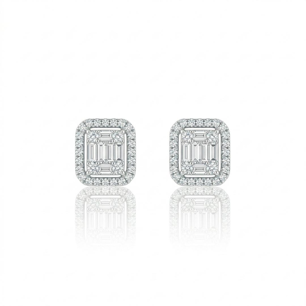 Brinco Retangular 8 Diamantes Baguetes 0,24ct 8 Trapézios 0,06ct 56 Brilhantes 0,41ct 2,70g Ouro Branco 18k - Coleção Onassis