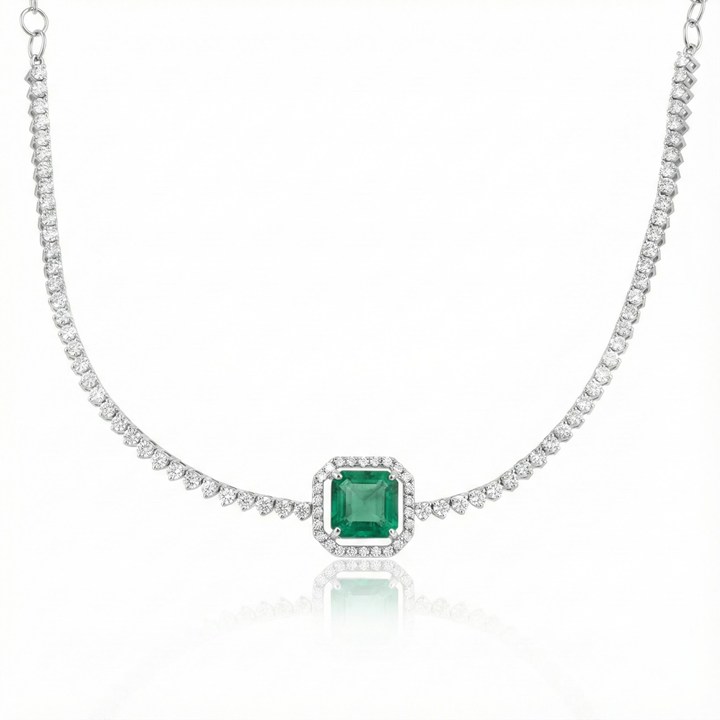 Choker Riviera Tulipa Esmeralda Colombiana 2,27ct 94 Brilhantes 1,95ct g VS1 38cm 9,32g Ouro Branco 18k - Coleção Colômbia Emerald