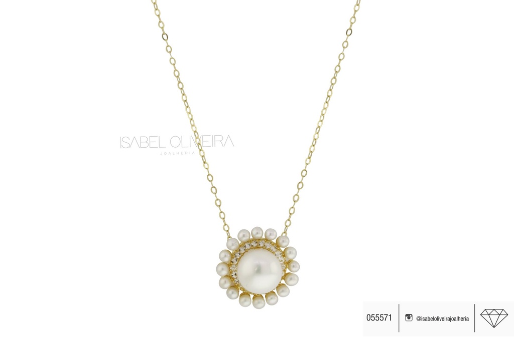 [055571] Colar 1 Pérola 8,00mm 16 Pérolas 2,25mm Safiras Branca 1,25mm 48cm 3,10g Ouro Amarelo 18k - Coleção Over The Moon