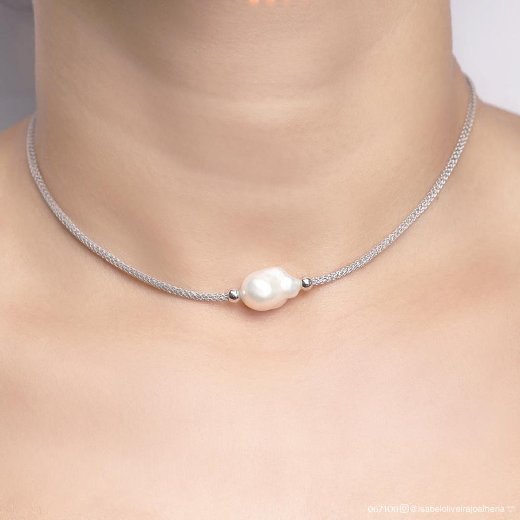 [067100] Colar 1 Pérola Corrente Malha Trabalhada 35cm 7,87g Ouro Branco 18k - Coleção Over The Moon