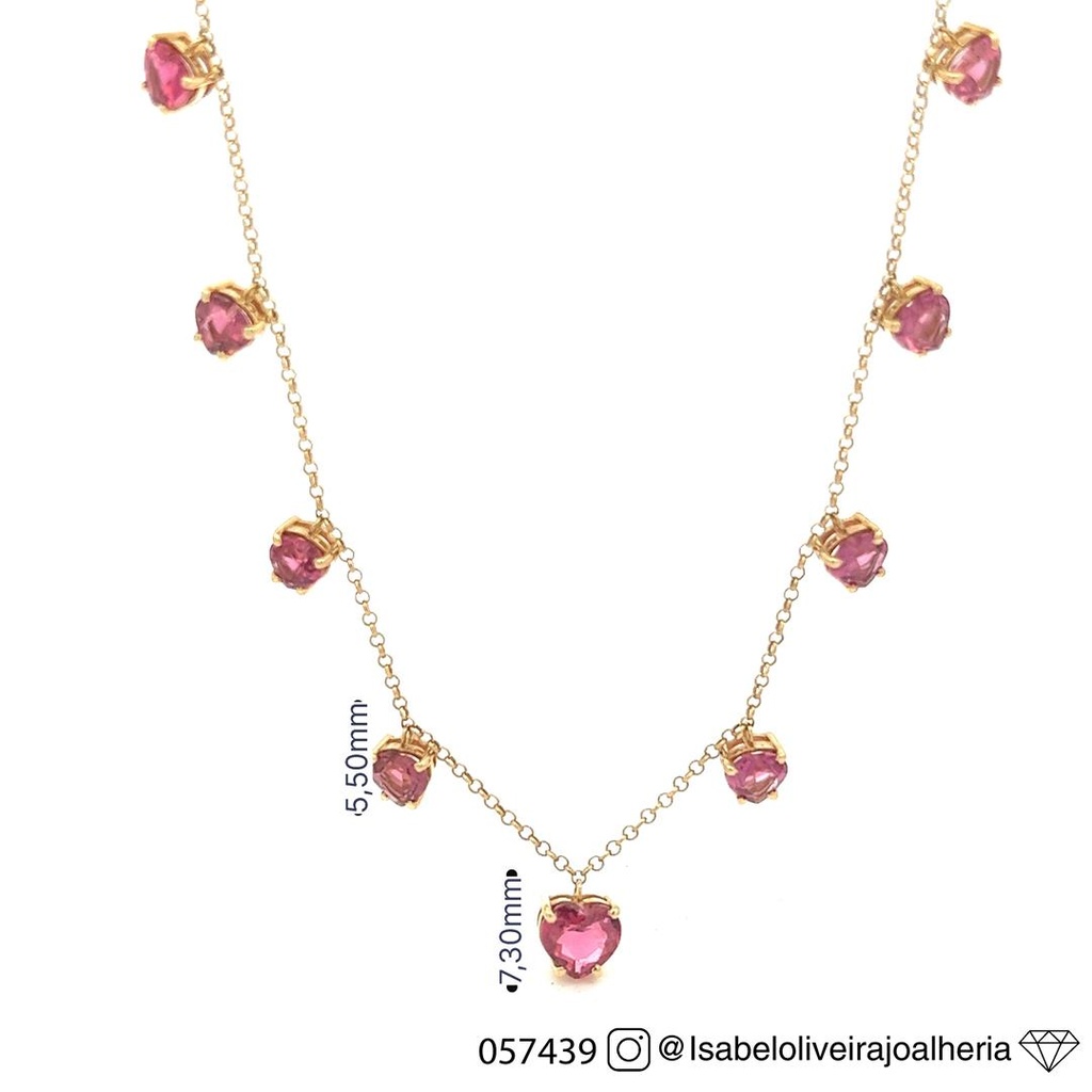Colar 11 Rubelitas Coração 6,71ct 38cm 7,90g Ouro Amarelo 18k - Coleção Sara e Antonio