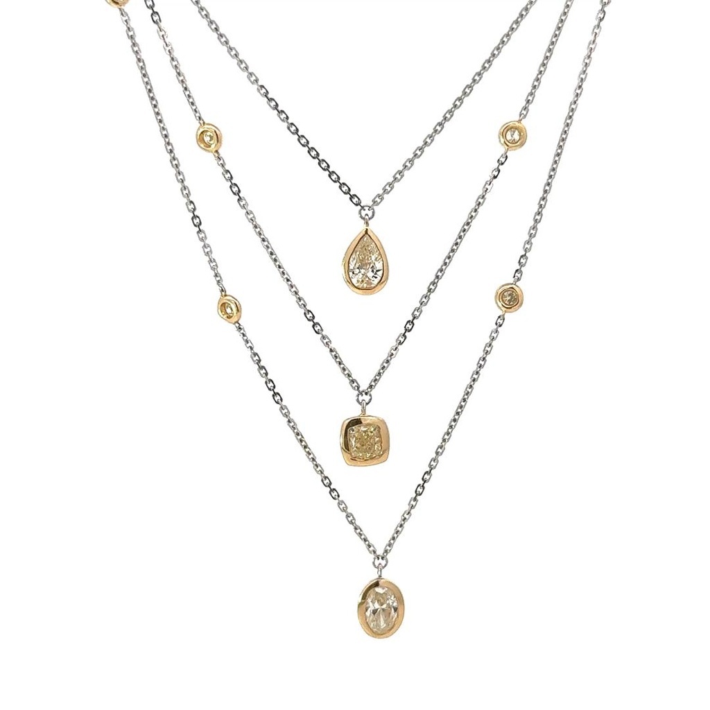 [072229] Colar 3 Correntes 3 Diamantes Fancy Gota Princess Oval 1,34ct 12 Brilhantes 0,50ct 43cm 5,83g Ouro Branco e Amarelo 18k - Coleção Laisa