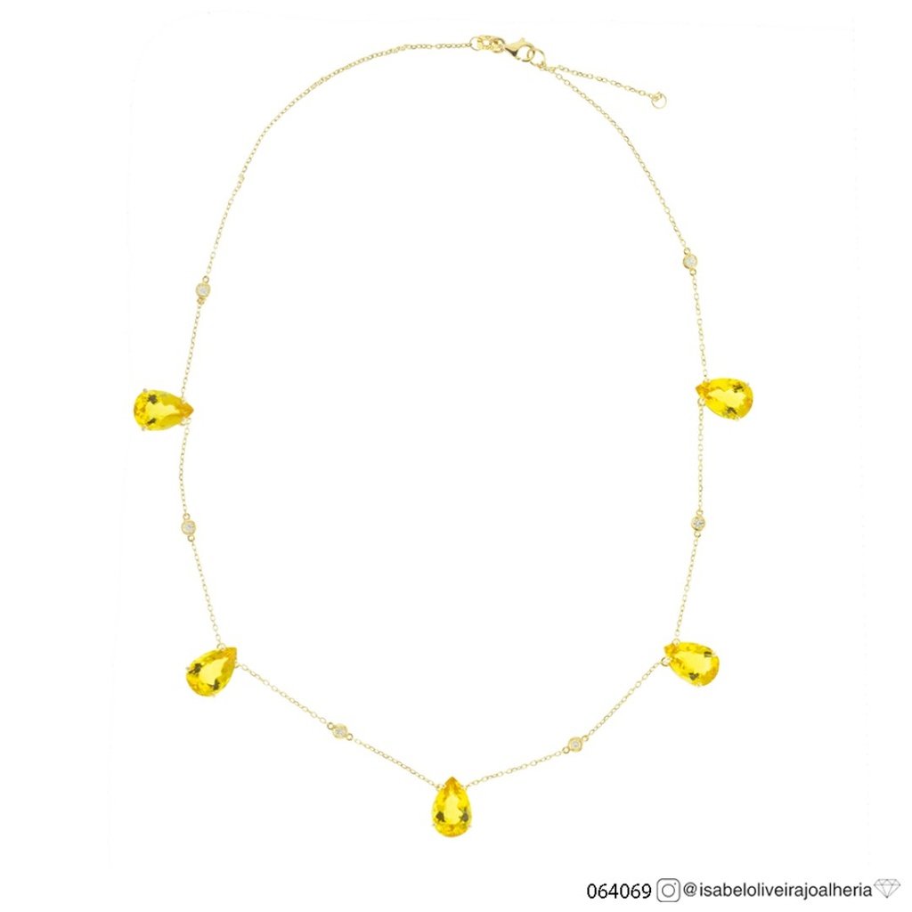 [064069] Colar 5 Berilos Amarelo Gota 13,88ct 6 Pastilhas Brilhantes 0,18ct H/i/j SI1/VS2 45cm 8,19g Ouro Amarelo 18k - Coleção Yellow