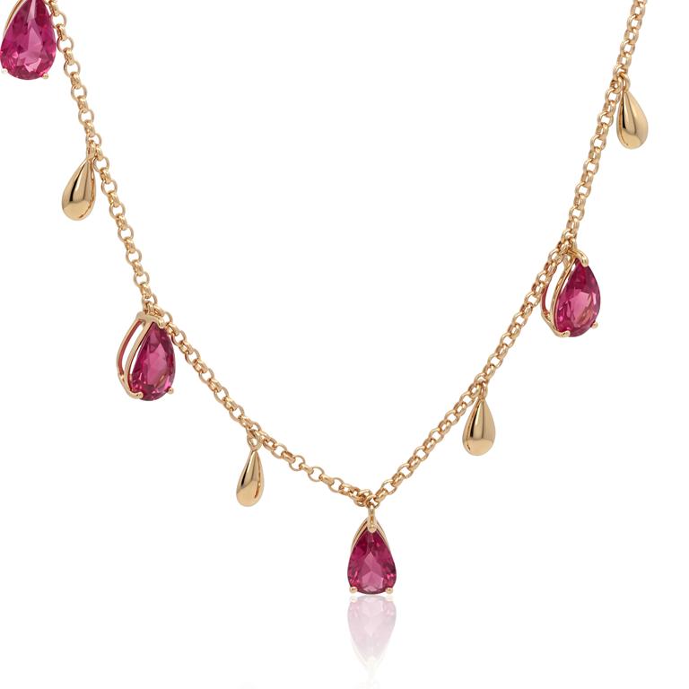 Colar 8 Rubelitas Gota 5,05ct e Gotinhas 45cm 7,56g Ouro Amarelo 18k - Coleção Rubelita