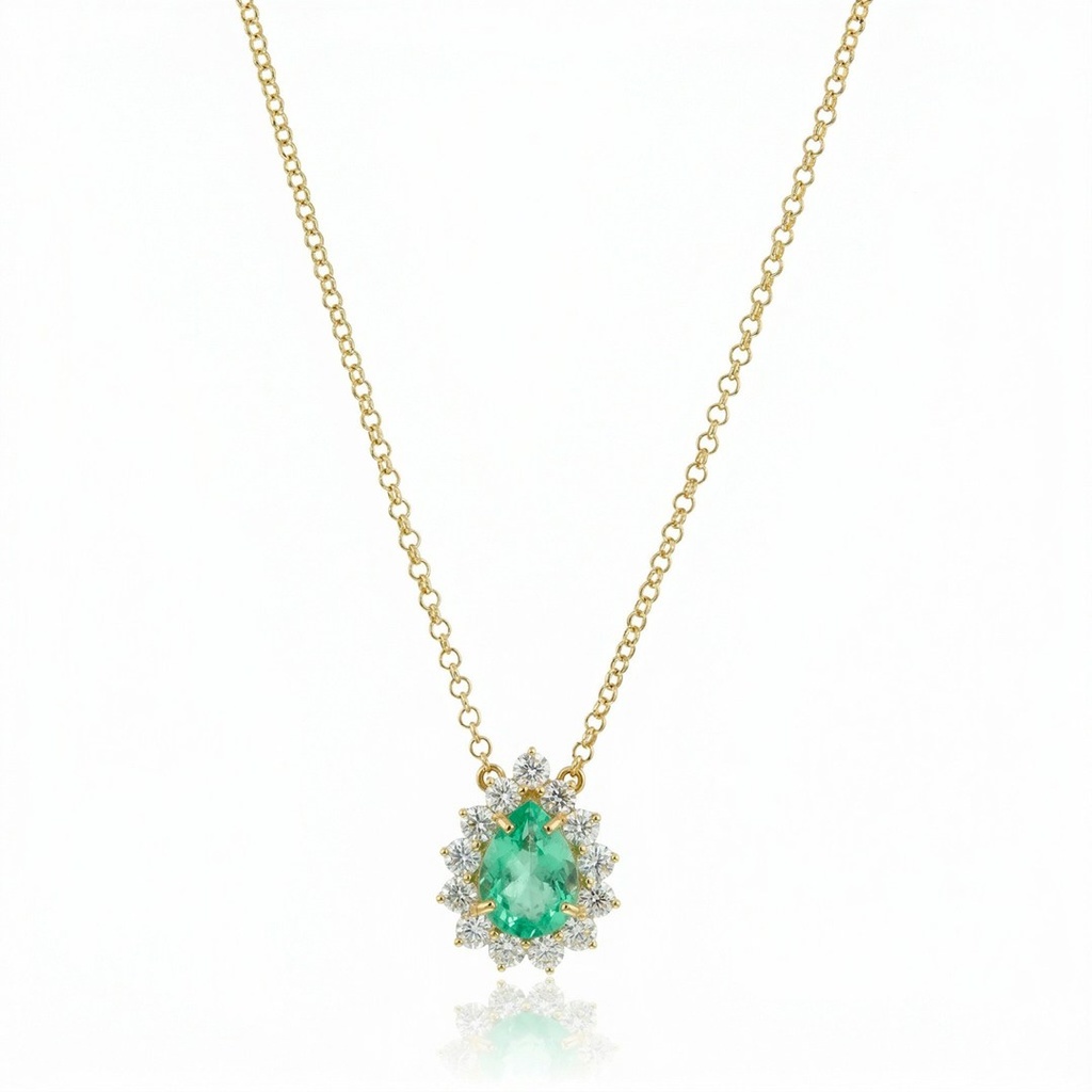 [076534] Colar Clássico Esmeralda Colombiana Gota 1,17ct 13 Brilhantes 0,69ct H SI1 45cm 4,00g Ouro Amarelo 18k - Coleção Colômbia Emerald