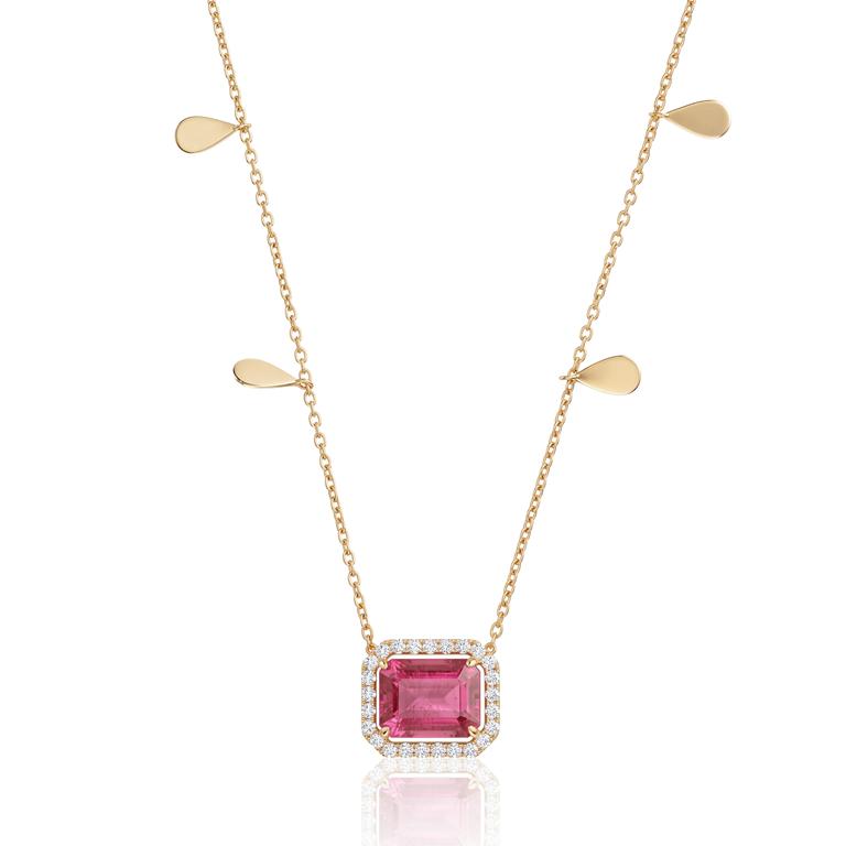 Colar com 8 Gotinhas 1 Rubelita Octogonal 2,67ct 25 Brilhantes 0,28ct H VS2 45cm 5,09g Ouro Amarelo 18k - Certificado Cruzeiro Mine - Coleção Rubelita