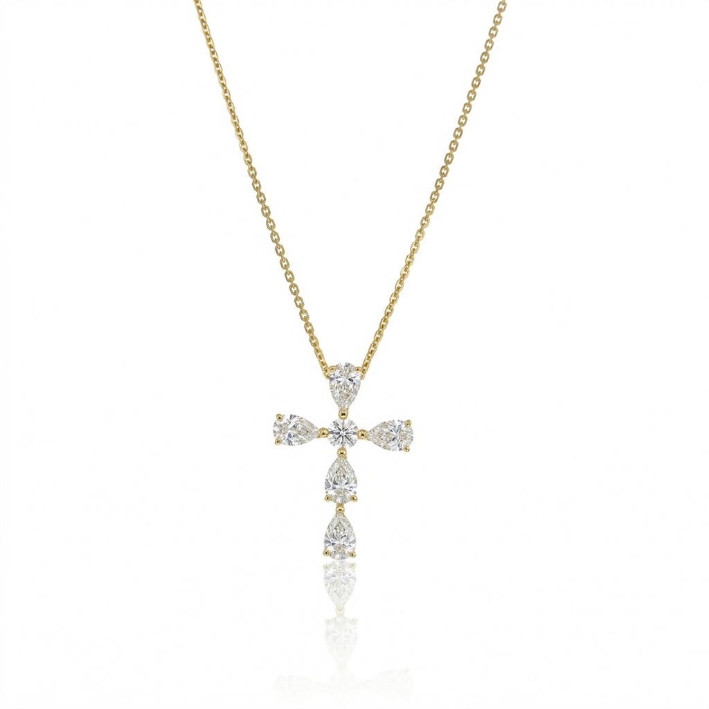 Colar Crucifixo 5 Diamantes Gota 1,53ct 1 Brilhante 0,19ct 43cm 2,82g Ouro Amarelo 18k - Coleção Crucifixos