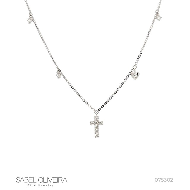 Colar Cruz com 4 Pingentes 11 Brilhantes 0,22ct 2,13g Ouro Branco 18k - Coleção Crucifixos