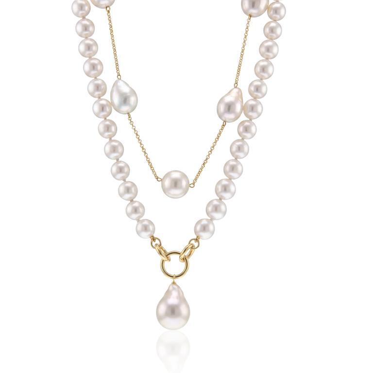 [077381] Colar Duplo 44 Pérolas South Sea Redonda 12-14 mm 5 Pérolas Irregulares 48cm 71,04g Ouro Amarelo 18k - Coleção Over The Moon