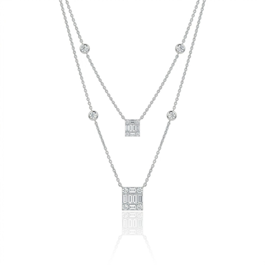 [077040] Colar Duplo 8 Diamante Baguetes 0,44ct 2 Trapézios 0,03ct 12 Brilhantes 0,36ct 48cm 4,05g Ouro Branco 18k - Coleção Onassis