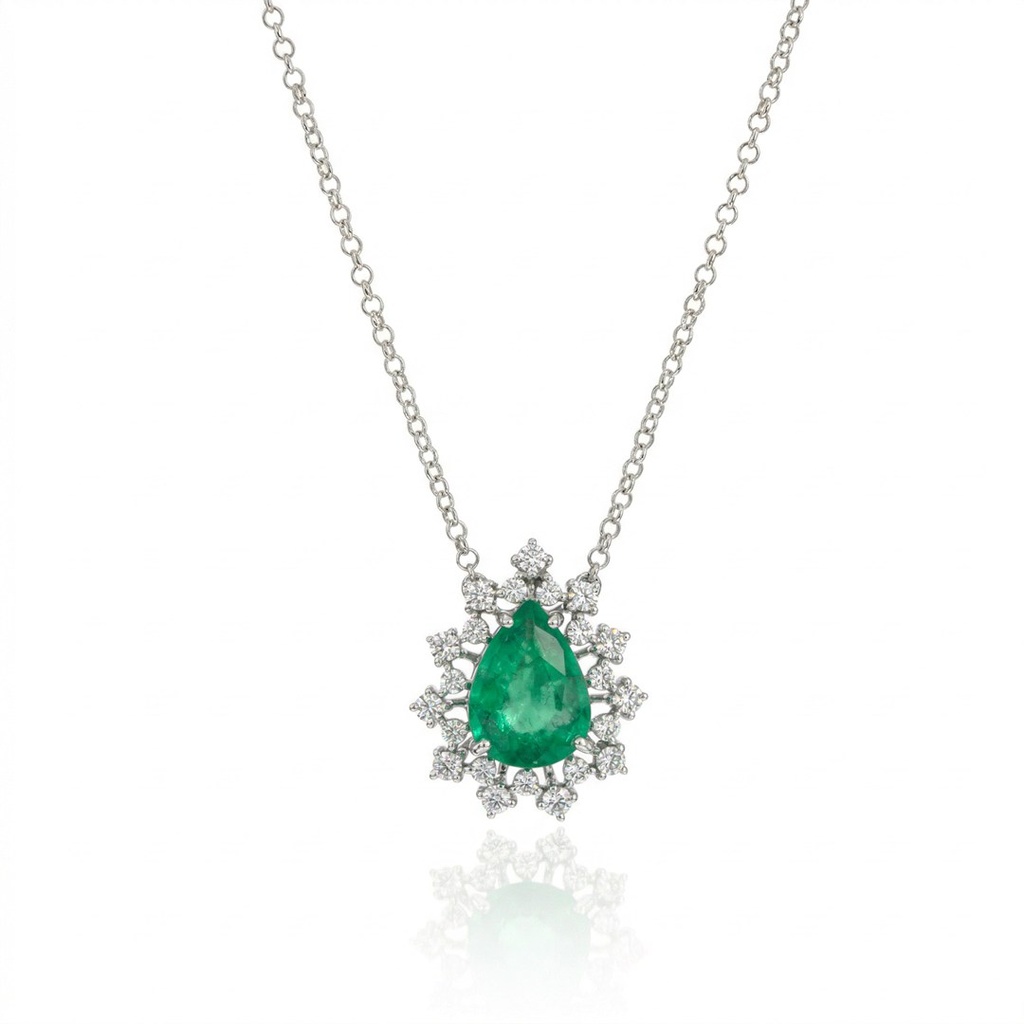 [073968] Colar Esmeralda Brasileira Gota 2,09ct 22 Brilhantes 0,48ct H VS1 45cm 4,43g Ouro Branco 18k - Certificado Belmont - Coleção Gardens