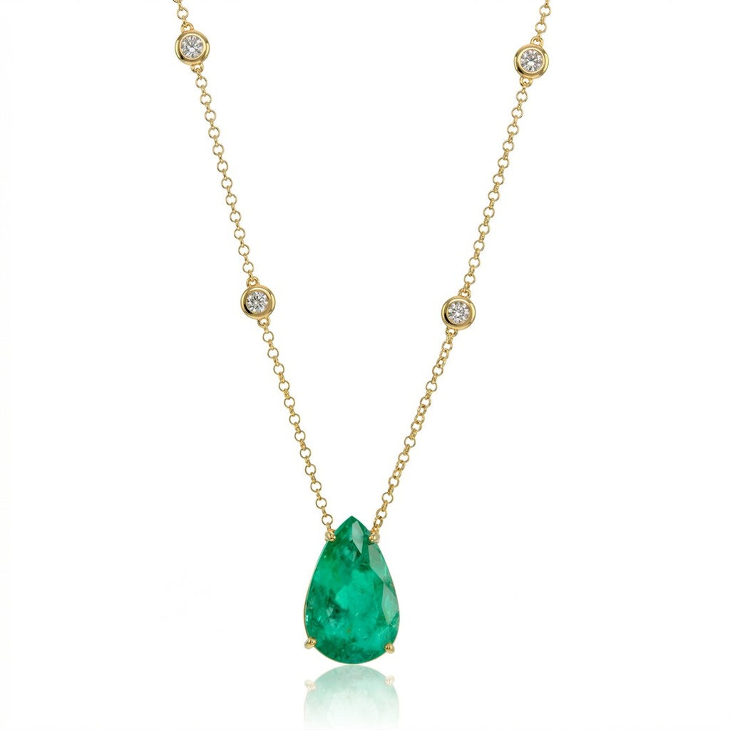 [076532] Colar Esmeralda Colombiana Gota 7,92ct 55 Brilhantes 0,28ct J SI1 6 Pastilhas 0,33ct g VS2 45cm 7,72g Ouro Amarelo 18k - Coleção Colômbia Emerald