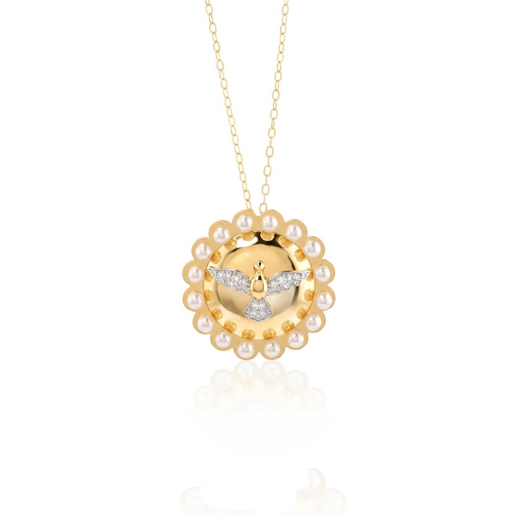 [052569] Colar Espírito Santo 19mm 7 Brilhantes J SI1 0,35ct 16 Pérolas 46cm 3,10g Ouro Amarelo 18k - Coleção Fe Santos
