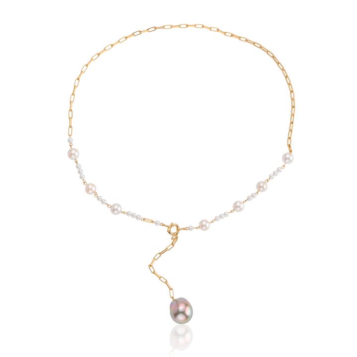 Colar Gravata 7 Pérolas Akoya Rosa 1 Pérola Gota Corrente Cadeado 42cm 13,19gouro Amarelo 18k - Coleção Over The Moon