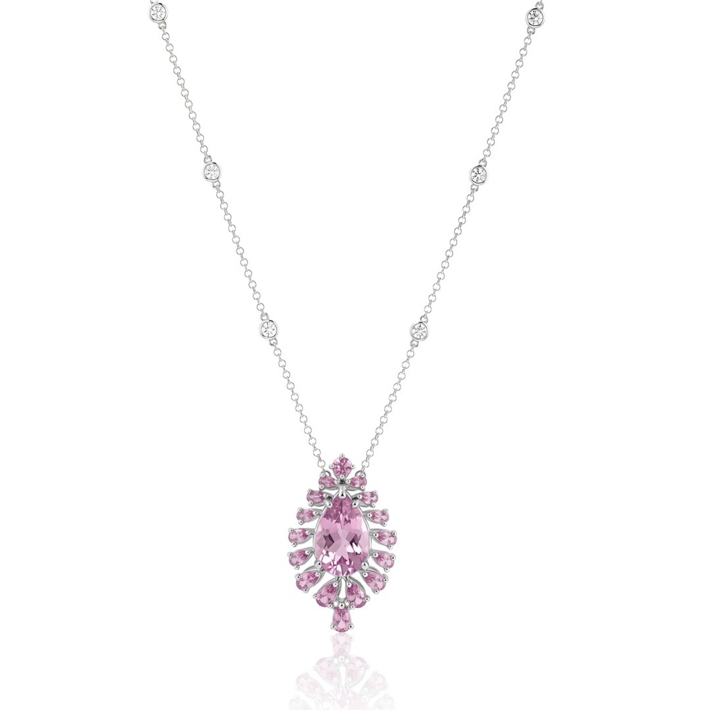 Colar Kunzita Gota 7,72ct 16 Safiras Rosas 2,32ct com Pastilhas 9,35g Ouro Branco 18k - Coleção True Colors