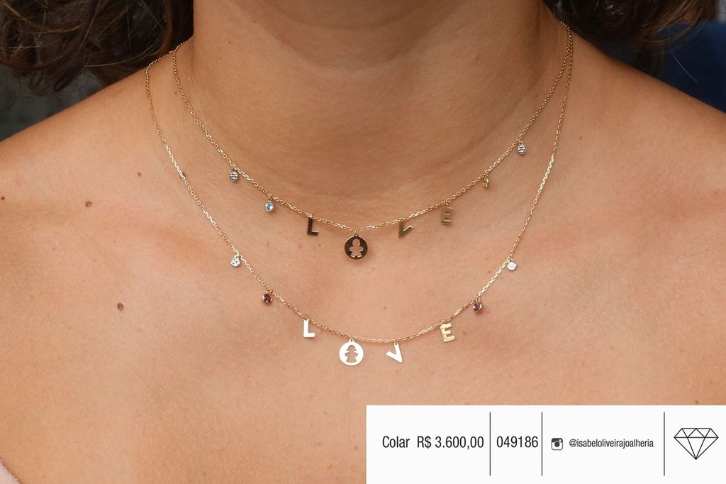 Colar Love Pingente Menina Vazada 1 Rodolita 1 Ametista 43cm com Extensor 2,40g Ouro Amarelo 18k - Coleção Mães e Filhos