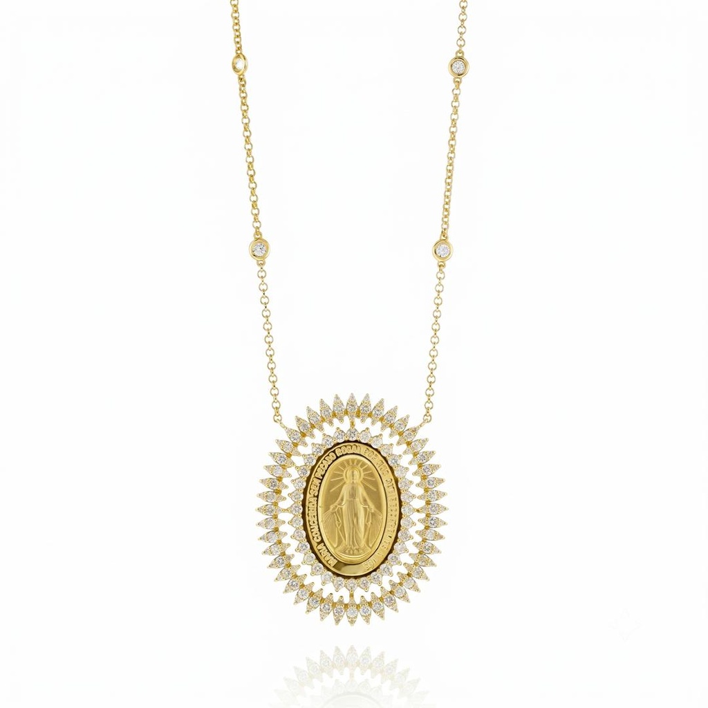 Colar Medalha Nossa Sra das Graças 164 Brilhantes 2,44ct 4 Pastilhas Brilhantes 0,18ct 50cm 16,60g Ouro Amarelo 18k - Coleção Fe Santos