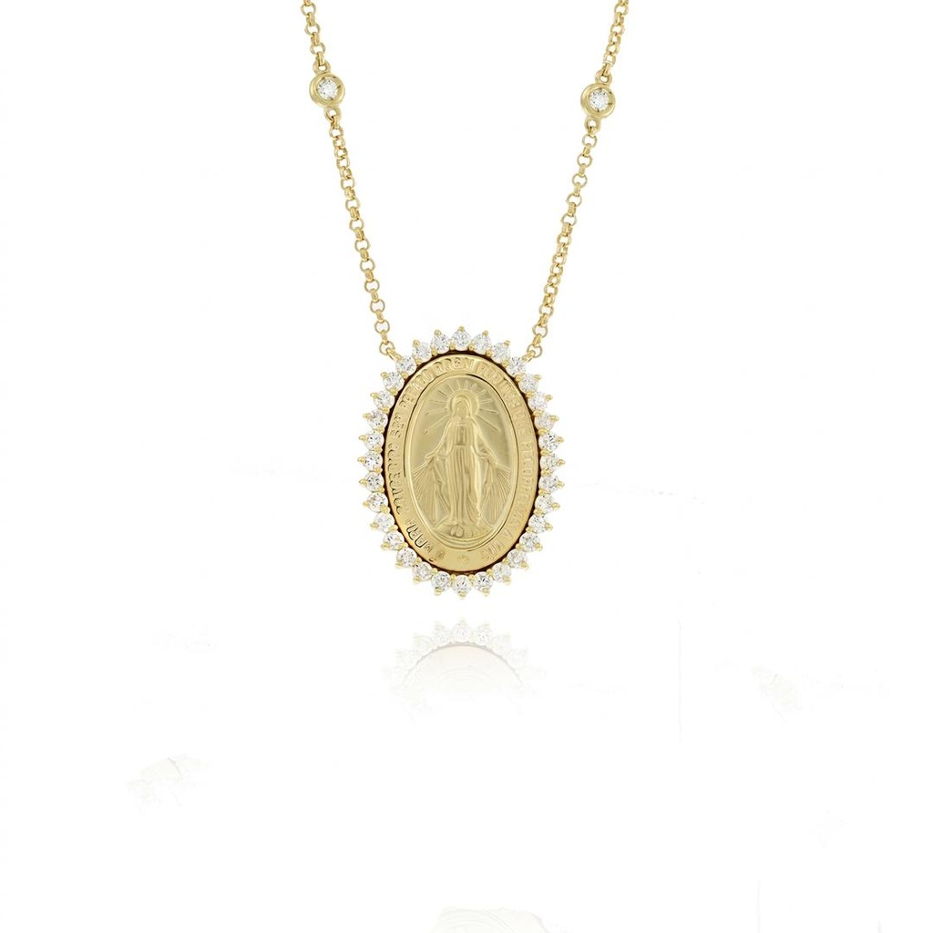 Colar Medalha Nossa Sra das Graças 32 Brilhantes 1,06ct g VS1 6 Pastilhas Brilhantes 0,25ct g VS1 50cm 11,06g Ouro Amarelo 18k - Coleção Fe Santos