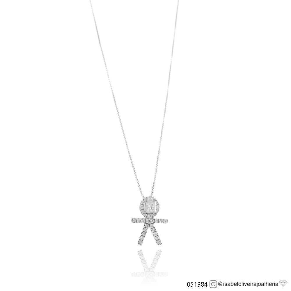 Colar Menino 1 Diamante Princess 0,16ct 20 Brilhantes 0,05ct 46cm 1,80g Ouro Branco 18k - Coleção Mães e Filhos