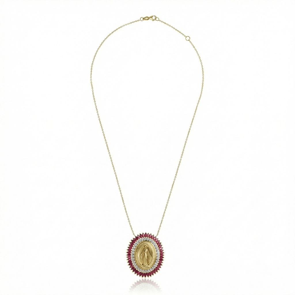 Colar Nossa Senhora das Graças Navetes Rubi 4,00ct 32 Brilhantes 0,49ct 45cm 13,70g Ouro Amarelo 18k