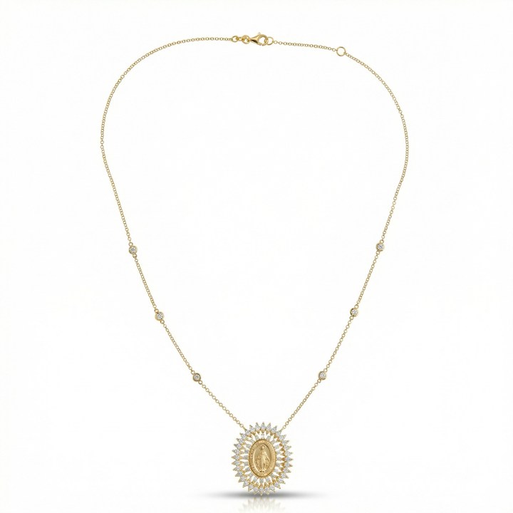 Colar Nossa Senhora das Graças 116 Brilhantes 1,38ct H VS2 6 Pastilhas 0,27ct g VS2 45cm 11,32g Ouro Amarelo 18k - Coleção Fe Santos