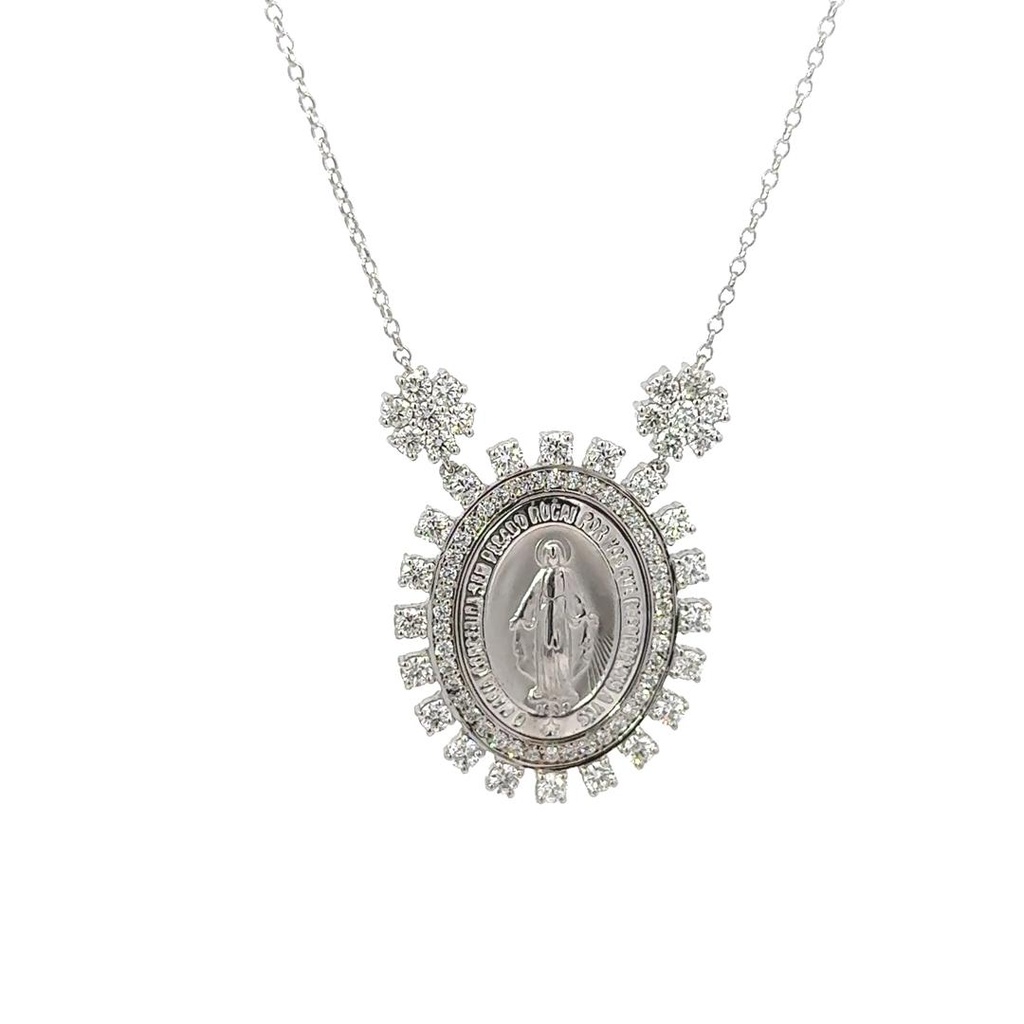 [071633] Colar Nossa Senhora das Graças 2 Flores 76 Brilhante 2,38ct g VS1 11,82g Ouro Branco 18k - Coleção Fe Santos