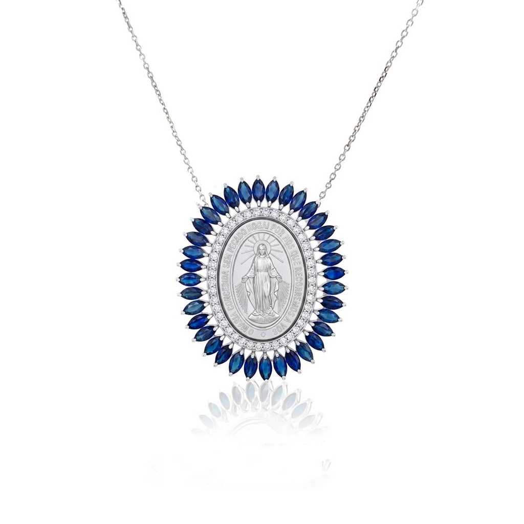 Colar Nossa Senhora das Graças 36 Safira Azul Navete 7,52ct 42 Brilhantes 0,50ct 45cm 12,34g Ouro Branco 18k