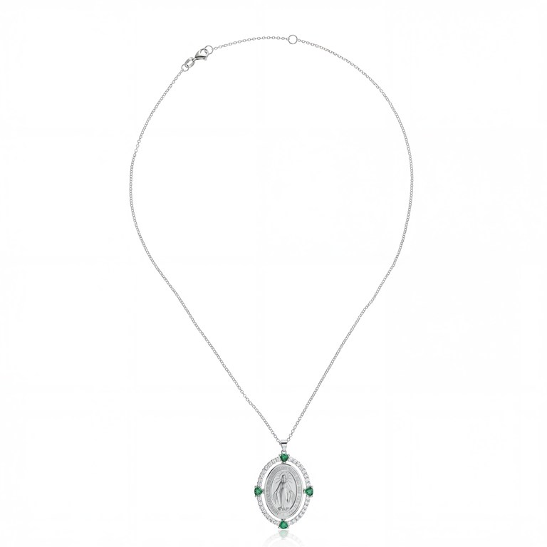 [069054] Colar Nossa Senhora das Graças 4 Esmeraldas Trillion 0,81ct 32 Brilhantes 0,65ct g VS1 Corrente Elo Português 45cm 8,93g Ouro Branco 18k - Collab Paola Mantegazza - Coleção Fe Santos