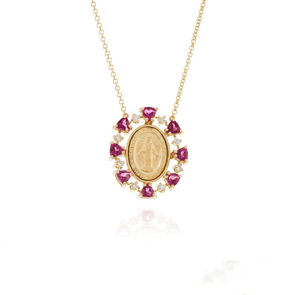 Colar Nossa Senhora das Graças 8 Rubelitas Trillion 1,71ct 8 Brilhantes 0,20ct g VS1 Fio Duplo de Couro Preto 45cm 7,17g Ouro Amarelo 18k - Coleção Fe Santos