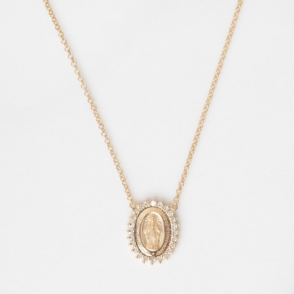 Colar Oval Nossa Senhora das Graças 14,60mm x 9,30mm 24 Brilhantes 0,34ct g VS1 45cm 4,56g Ouro Amarelo 18k - Coleção Fe Santos