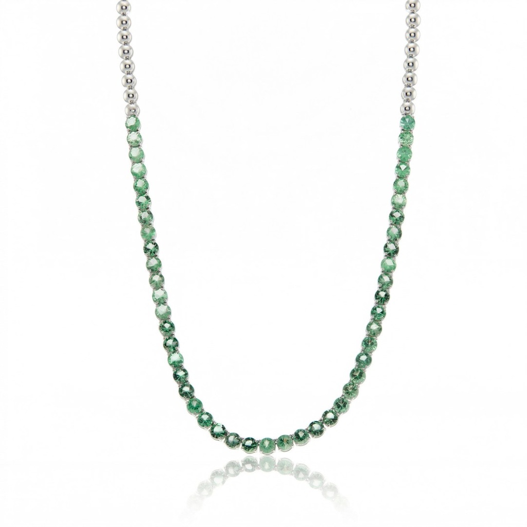 [076552] Colar Riviera 47 Esmeralda Brasileira Redonda 4mm 9,08ct Extensor Bolinha 42cm 21,82g Ouro Branco 18k - Coleção Brazilian Emerald