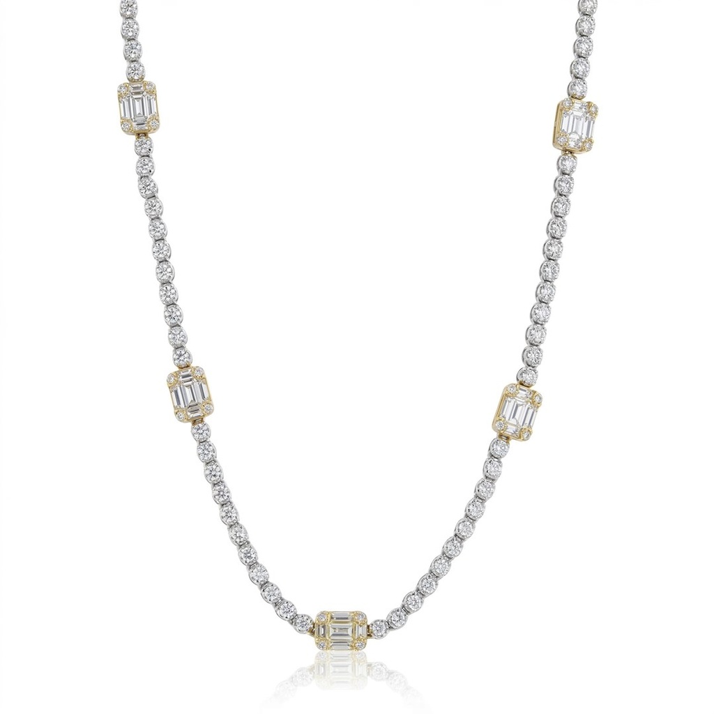 Colar Riviera Caixa Coroa 15 Diamantes Baguetes 0,63ct 10 Trapézios 0,18ct 84 Brilhantes 1,29ct com Corrente 40cm 7,82g Ouro Branco e Amarelo 18k - Coleção Rivieras