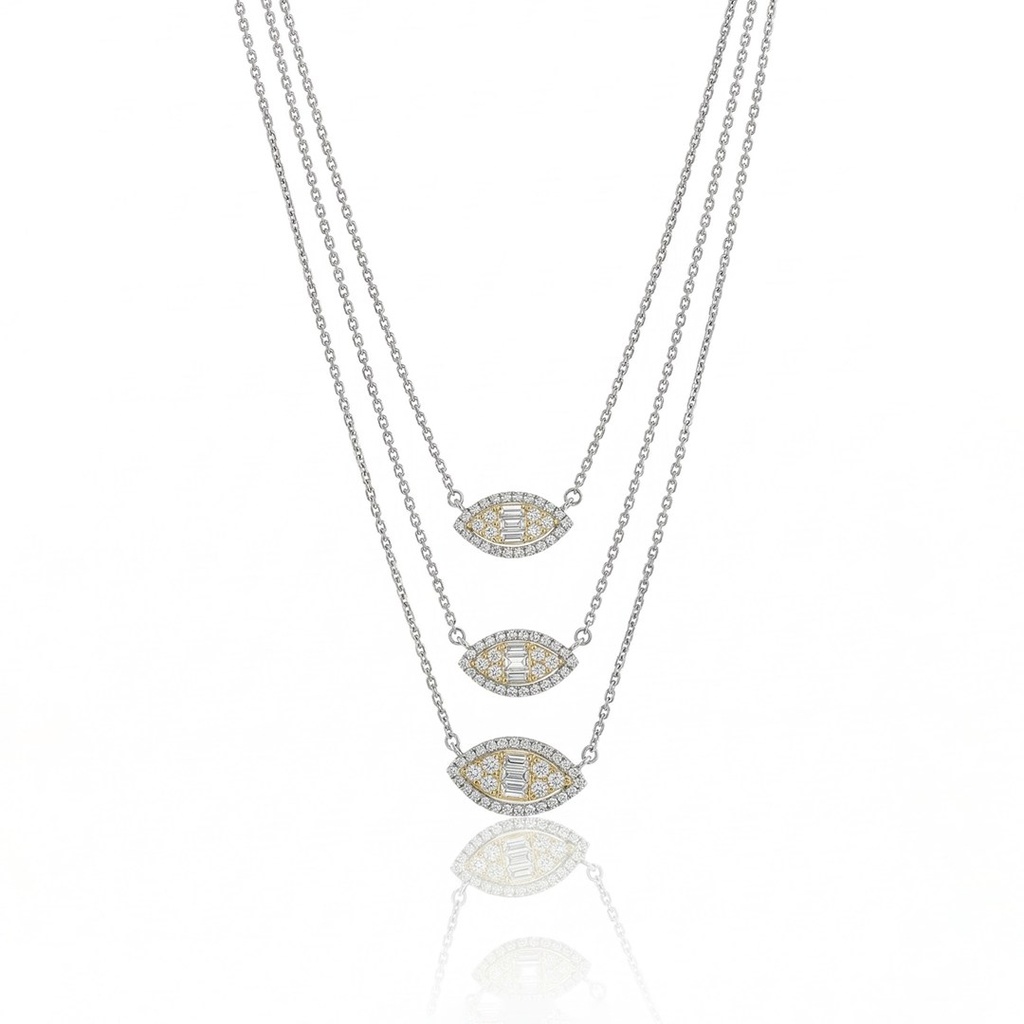 Colar Triplo 9 Diamantes Trapézios 0,23ct 90 Brilhantes 0,60ct 43cm 4,53g Ouro Branco 18k - Coleção Onassis