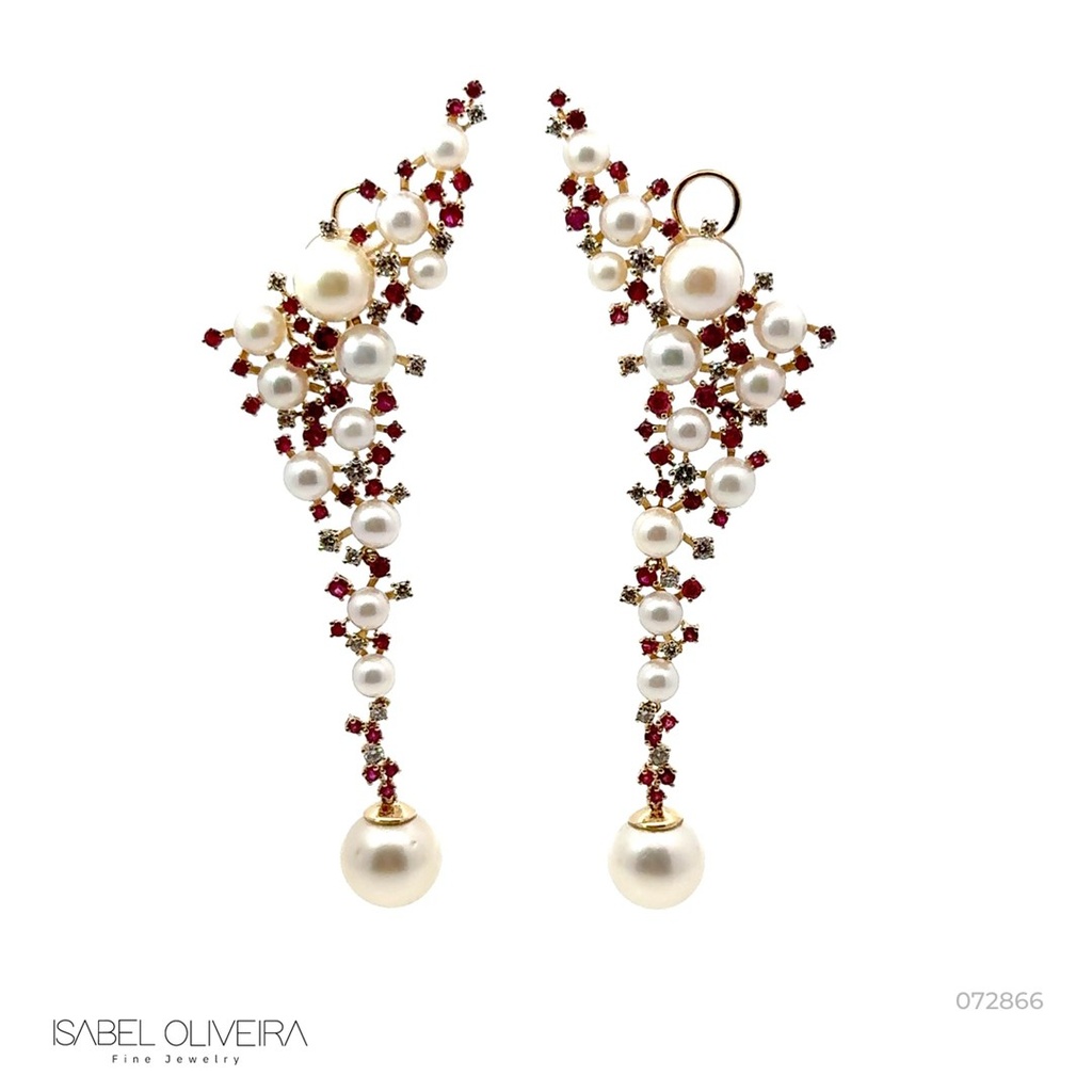 Ear Cuff Longo 26 Perolas 72 Rubis 2,51CT 34 Brilhantes 0,90CT Cor H VS2 22,10G Ouro Branco 18K