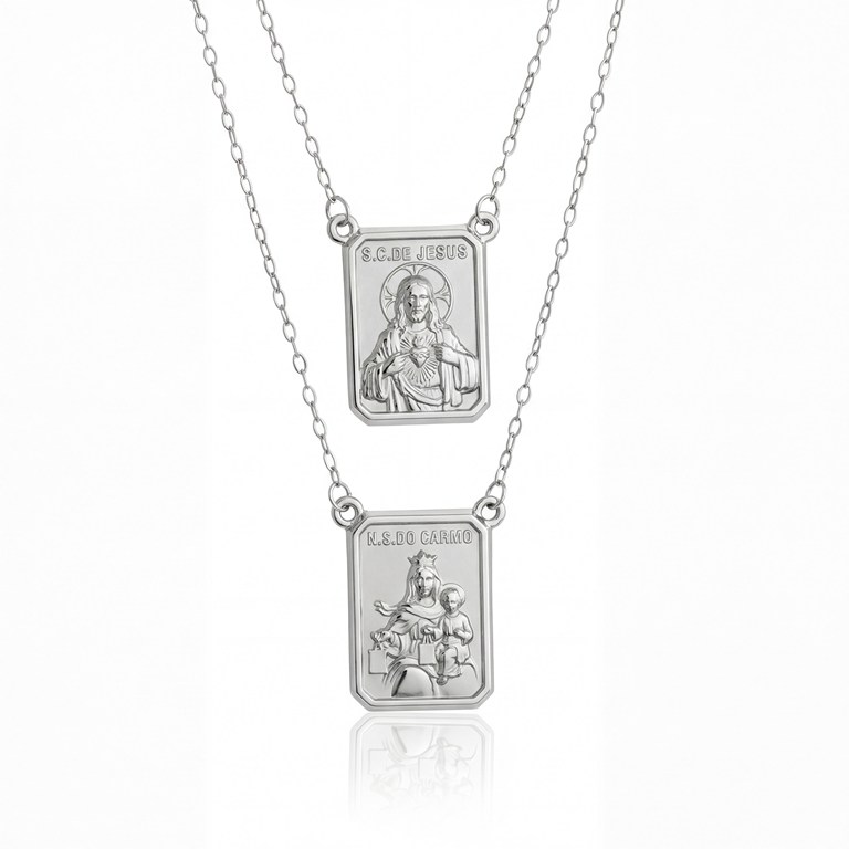 Escapulário Face Simples Retangular Sagrado Coração de Jesus e Nossa Sra Carmo 12x17mm Corrente Cartier Fechada 60cm 2,90g Ouro Branco 18k - Coleção Escapulário