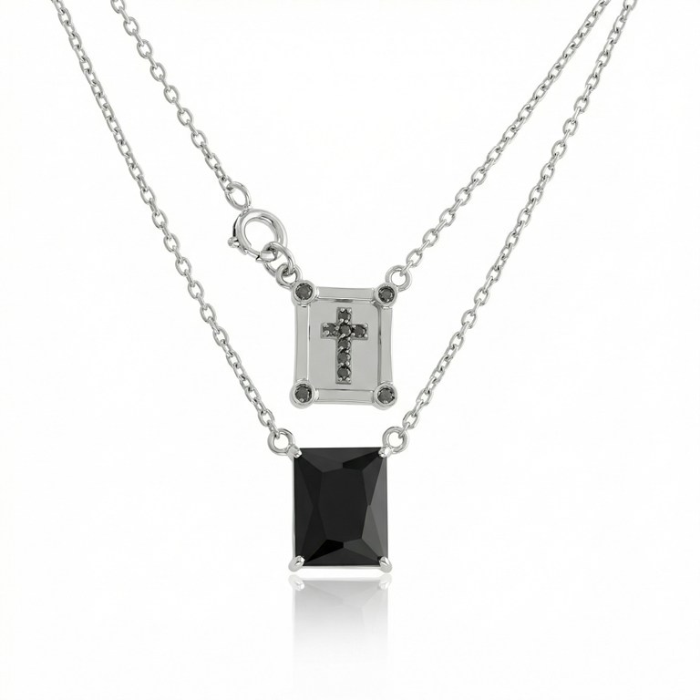 Escapulario Infantil 1 Onix Retangular Cruz 11 Brilhantes Negros 0,06CT 3,50G Ouro Branco 18K - Cleçao Escapulario Premium