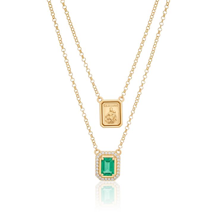 [076432] Escapulário Nossa Senhora do Carmo Esmeralda Brasileira 0,60ct 26 Brilhantes 0,12ct 60cm 5,40g Ouro Amarelo 18k - Coleção Escapulário Premium