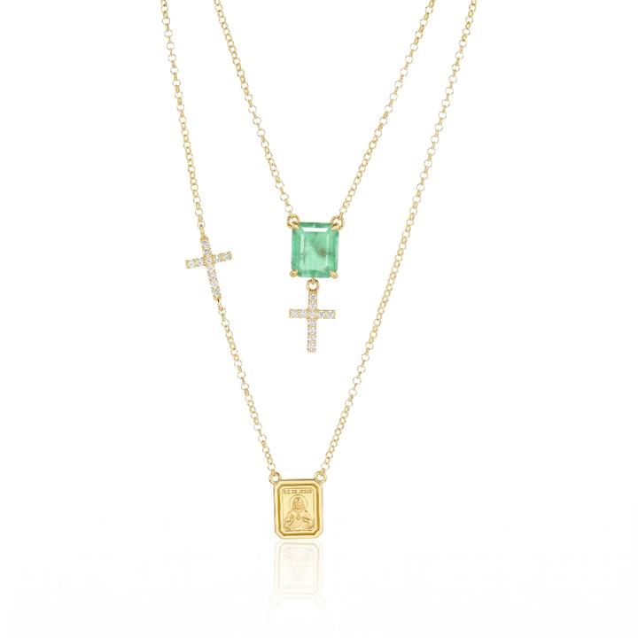 [076431] Escapulário Sagrado Coração de Jesus e Nossa Sra Carmo Esmeralda Colombiana Octogonal 2,46ct 22 Brilhantes 0,37ct H VS2 6,26g Ouro Amarelo 18k - Coleção Escapulário Premium