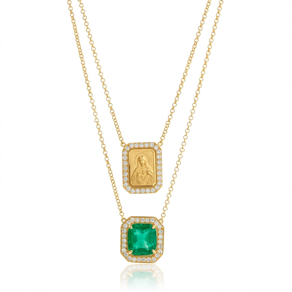 [070710] Escapulário Sagrado Coração de Jesus Esmeralda Colombiana Octogonal 3,47ct 55 Brilhantes 0,62ct g VS1 60cm 7,57g Ouro Amarelo 18k - Coleção Escapulário Premium