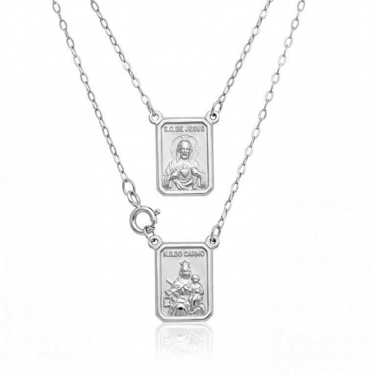 [062039] ESCDU48BP-Escapulário Infantil Face Dupla Retangular 9x12mm Sagrado Coração de Jesus e Nossa Sra Carmo Corrente Cartier 48cm 3,10g Ouro Branco 18k - Coleção Escapulário
