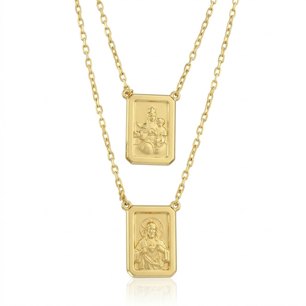 ESCDU60AG-Escapulário Face Dupla Retangular 15x22mm Sagrado Coração de Jesus e Nossa Sra Carmo Corrente Cartier 60cm 14,22g Ouro Amarelo 18k - Coleção Escapulário