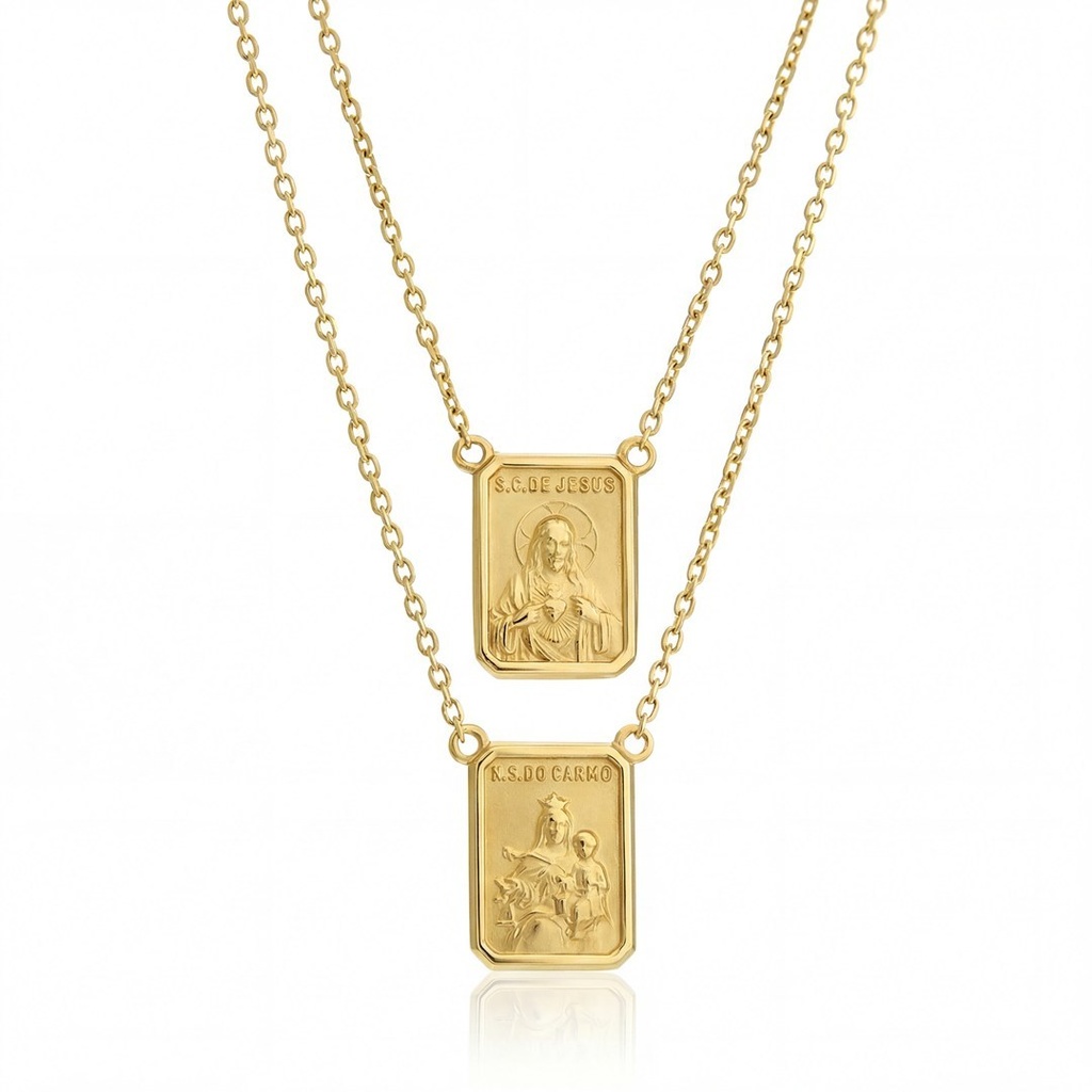 [077082] ESCDU60AP-Escapulário Face Dupla Retangular 9x12mm Sagrado Coração de Jesus e Nossa Sra Carmo Corrente Cartier 60cm 4,30g Ouro Amarelo 18k - Coleção Escapulário