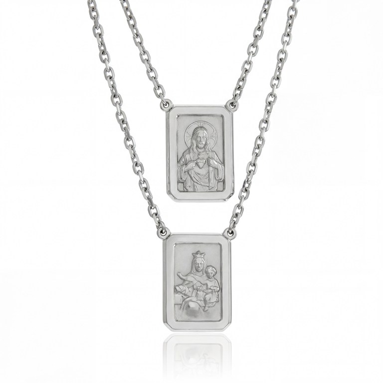 [064133] ESCDU60BGG-Escapulário Face Dupla Retangular 15x22mm Sagrado Coração de Jesus e Nossa Sra Carmo Corrente Cartier 60cm 16,90g Ouro Branco 18k - Coleção Escapulário